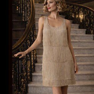 Boston Proper Dress Fringe Flapper 1920s Gatsby Stretchy Sleeveless Comfy tan  2
